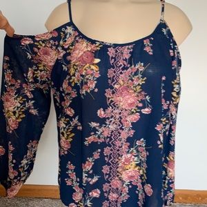 Rewind Cold Shoulder Floral Print With Embroidery Blouse